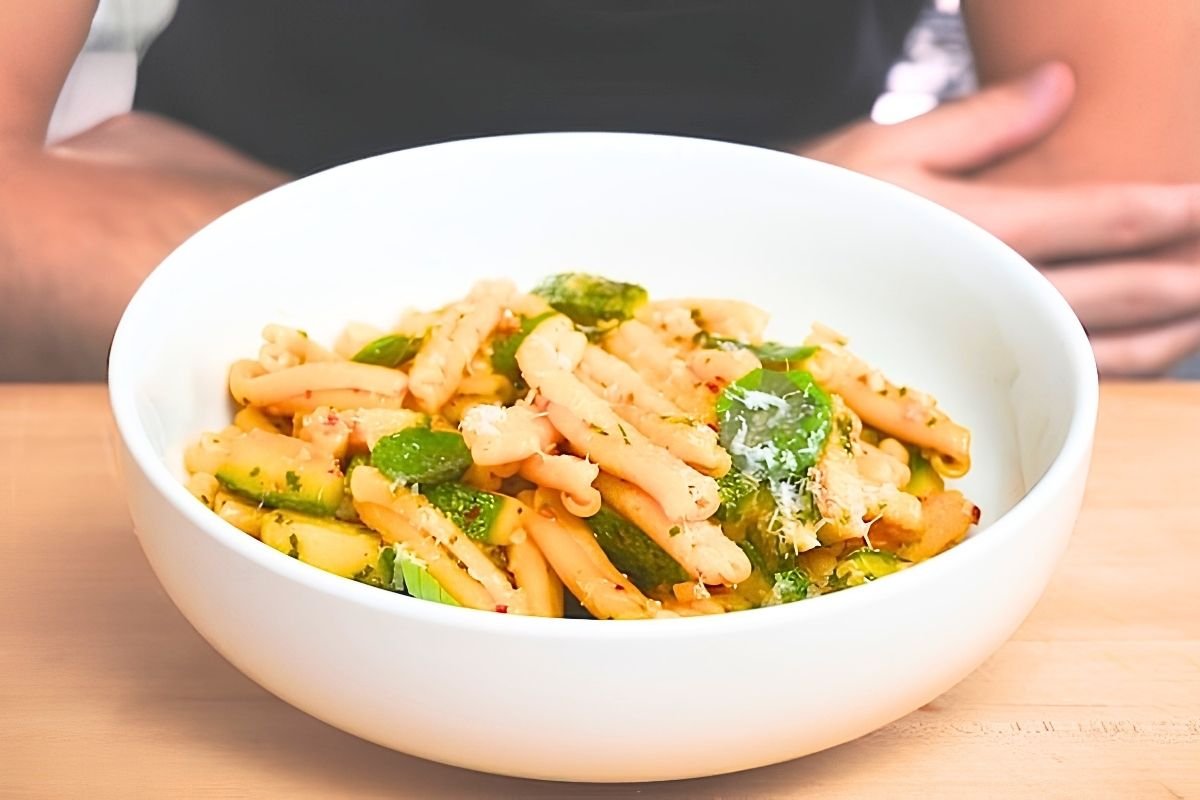 bowl of pasta with courgette, zucchini, chilli, lemon and basil
