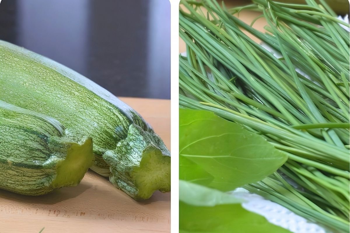 Two close up photos of a courgette and fresh chives with basil