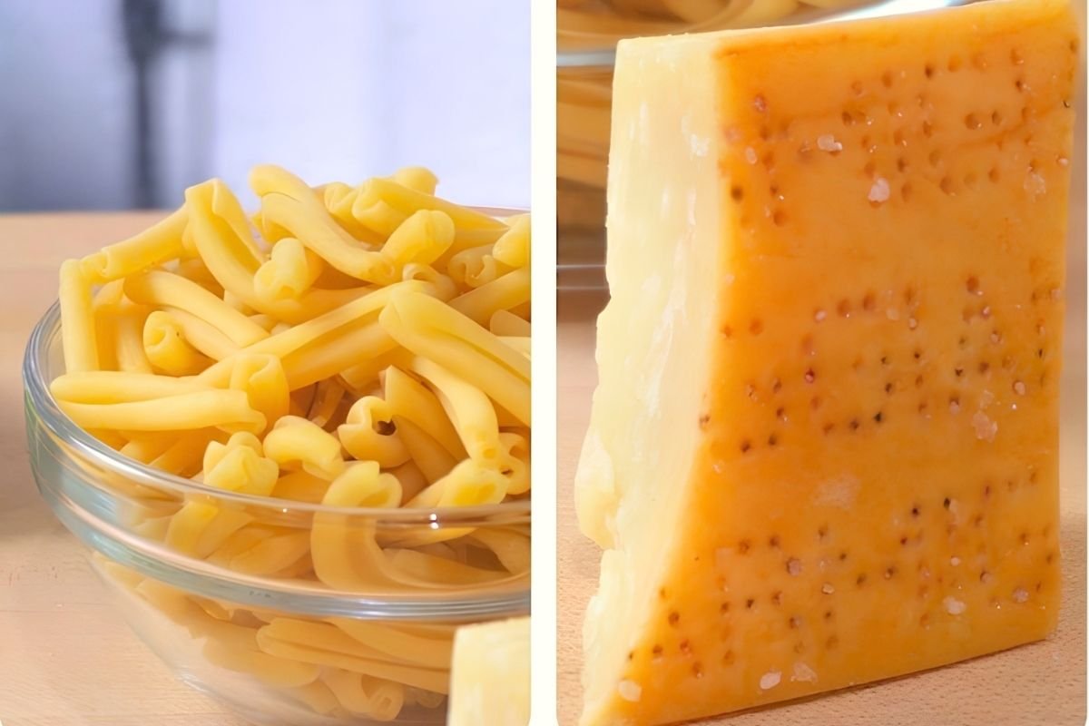 Two close up photos of casarecce pasta in a glass bowl and a wedge of parmesan