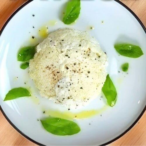 Plate of fresh homemade ricotta with olive oil and basil
