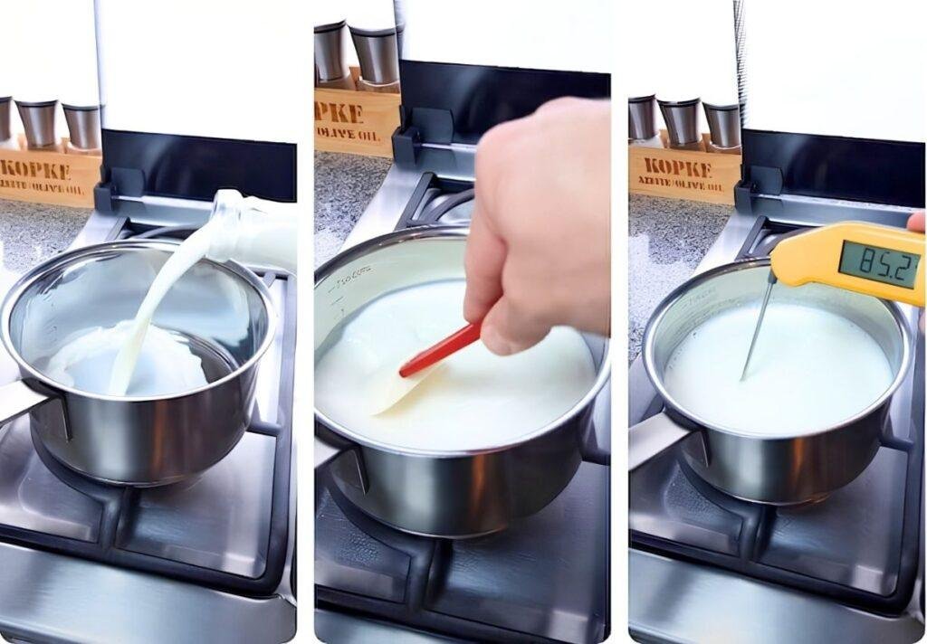 Three step photos of milk being poured into a steel saucepan, stirred with a spatula and its temperature checked with a thermometer