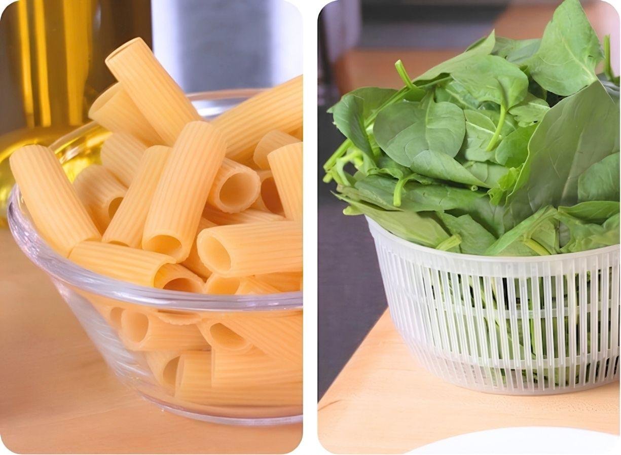 Two close up photos of dry rigatoni in a glass bowl and fresh spinach in a salad spinner