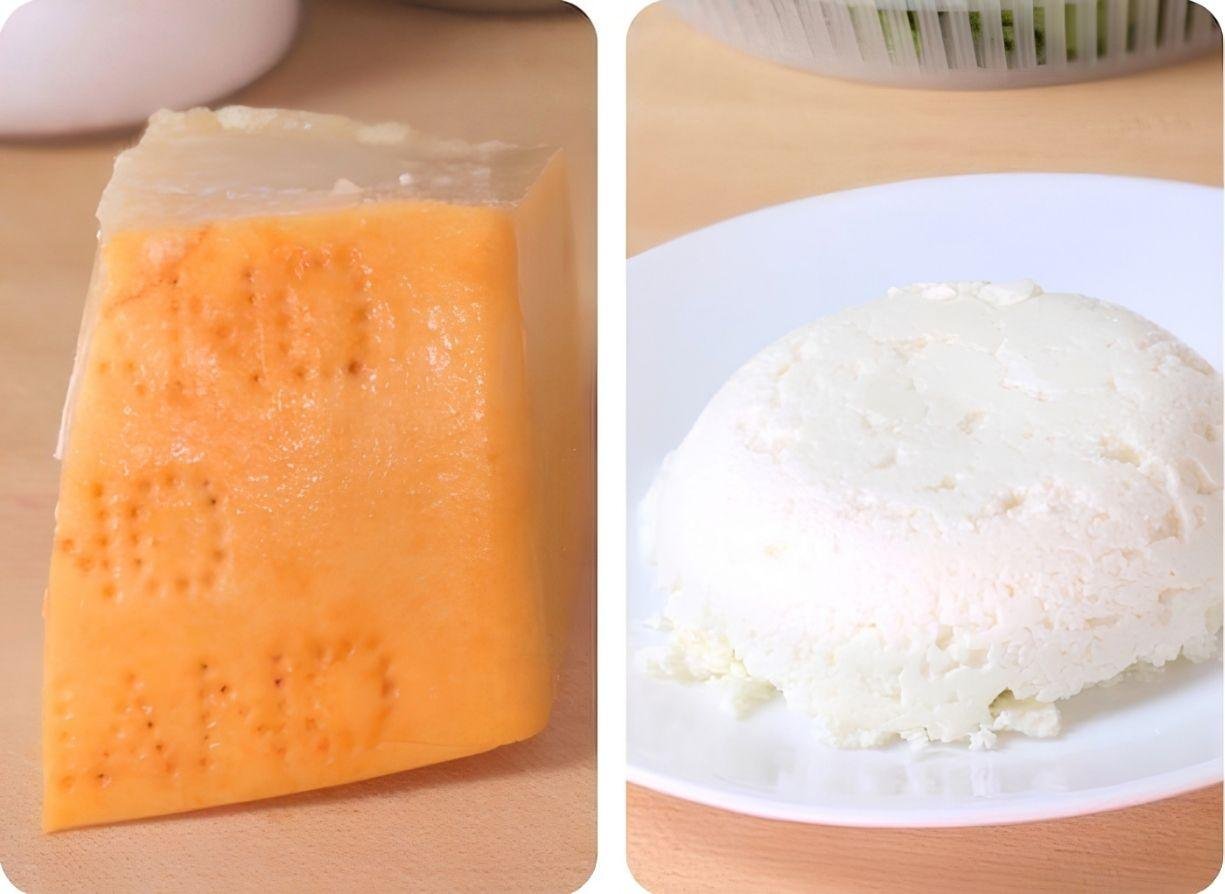 Two close up photos of a wedge of parmesan and a mound of fresh ricotta on a white plate