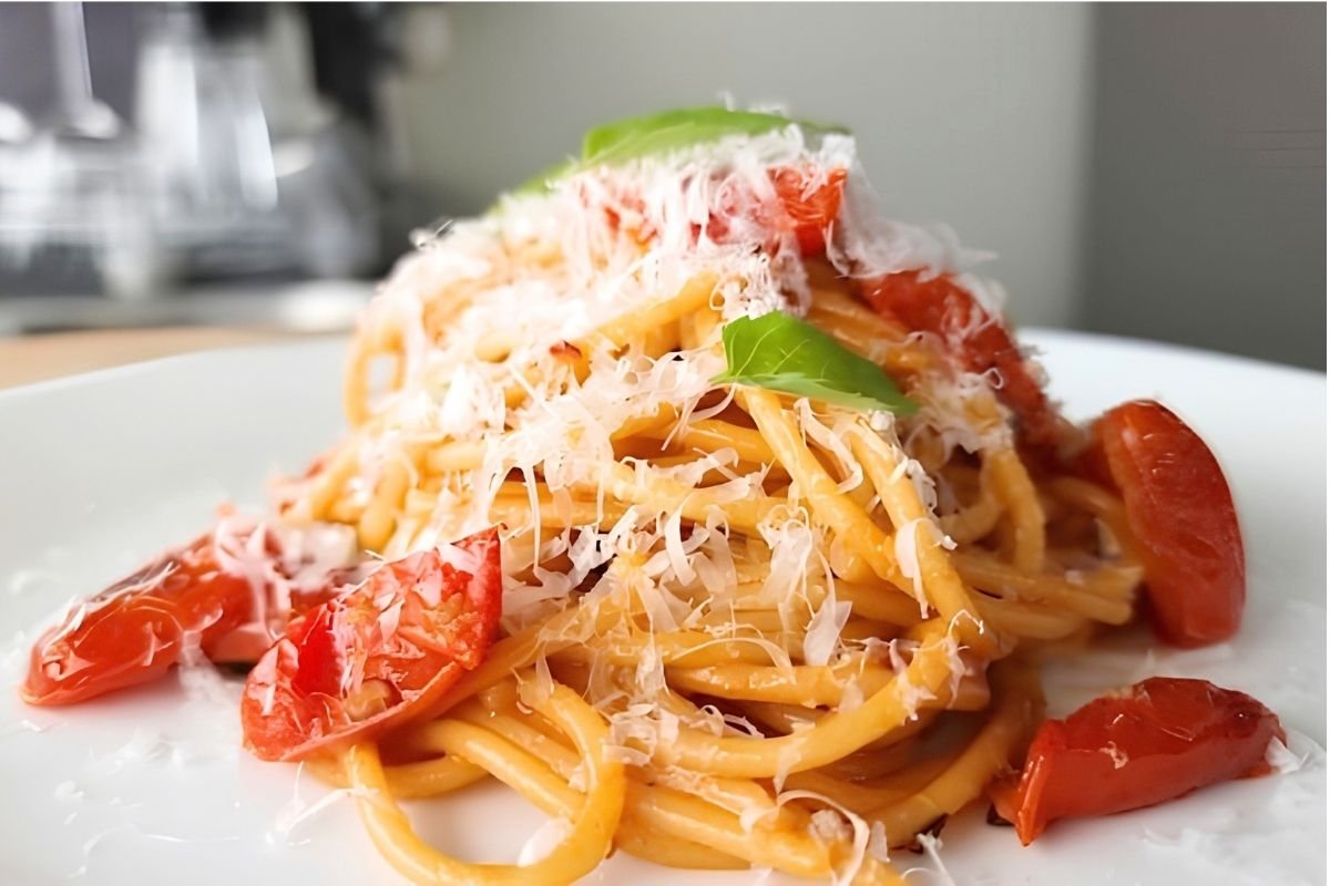 close up of the pasta sauce with basil and cheese